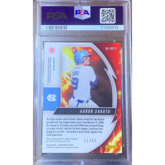 2020 Prizm Draft Picks Aaron Sabato Power Surge Blue Auto 51/60 PSA Gem Mint 10 - Picture 2 of 3